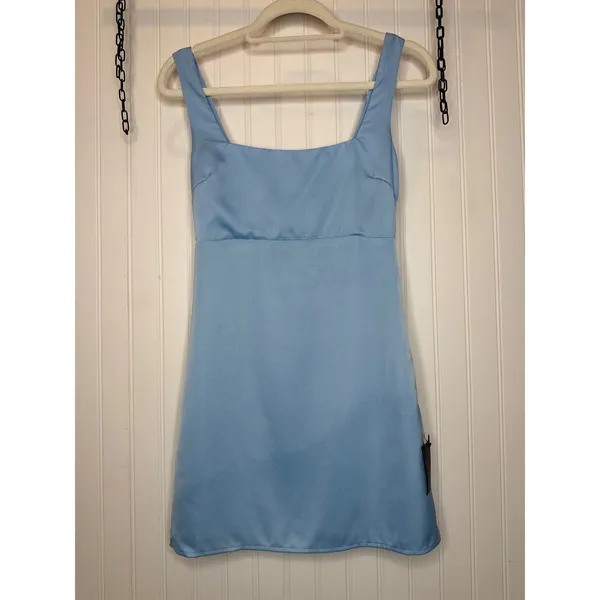 NWT Lulus Truly the Cutest Light Blue Satin Square Neck Mini Dress Party Size XS - Image 3