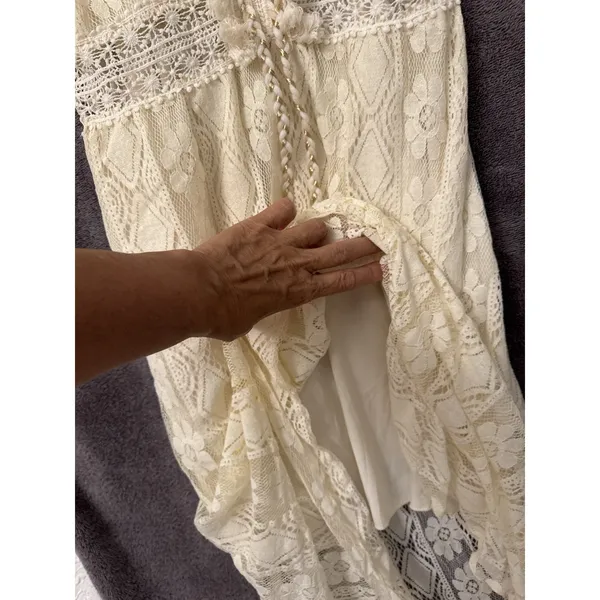 Cream Bohemian Dress Boho Floral Lace Crochet Pom Pom High Low Neutral Resort - Image 3