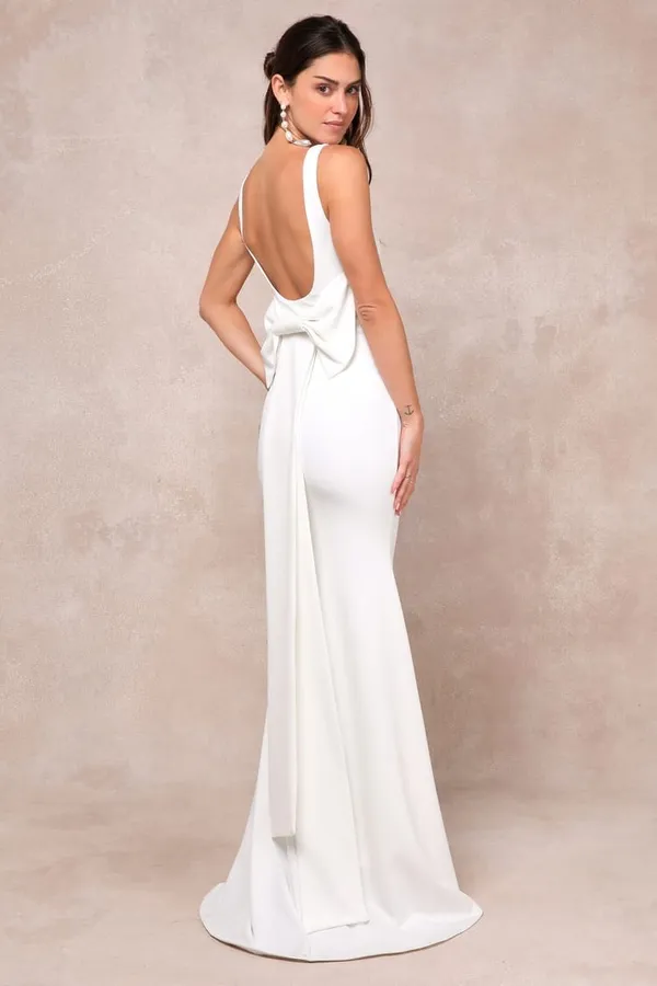 NWT Lulus Loving Fate White Bow Square Neck Backless Maxi Dress Wedding Bride M - Image 2