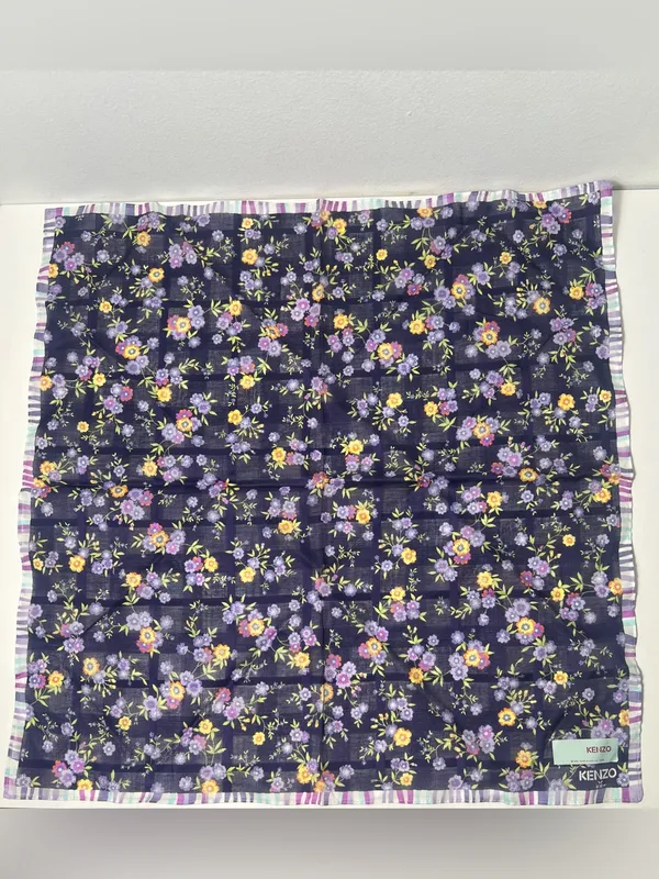 Kenzo Purple Floral Striped Cotton Square Scarf Handkerchief Neckerchief Bandana - Image 2