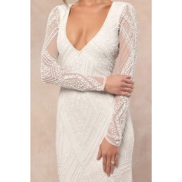 NWT Lulus Deedra White Sequin Beaded Backless Maxi Dress Wedding Bridal Bride M - Image 7