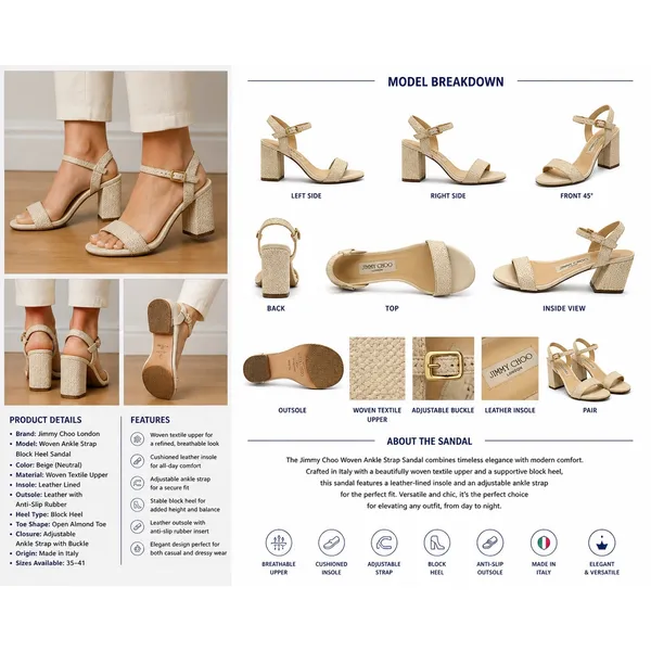Jimmy Choo Woven‎ Ankle Strap Block Heel Sandals Beige IT 37 Made in Italy - Image 2