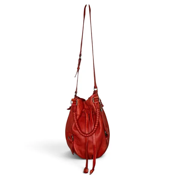 The Sak Red Pebbled Leather Bucket Bag Braided Drawstring Crossbody Handbag Hobo - Image 2