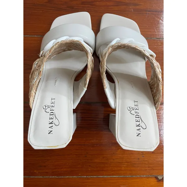 Naked Feet Propriety Raffia Chain Block Heel Sandals Womens 7.5 Ivory - Image 10