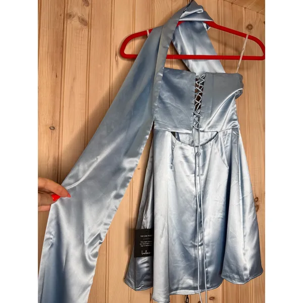NWT Lulus Avril Light Blue Satin Sash Scarf Mini Dress Party Cocktails Wedding S - Image 6