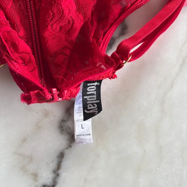 Forplay Red Lace Corset Bustier Top Garter Straps Lingerie Teddy Bodysuit Large - Image 5