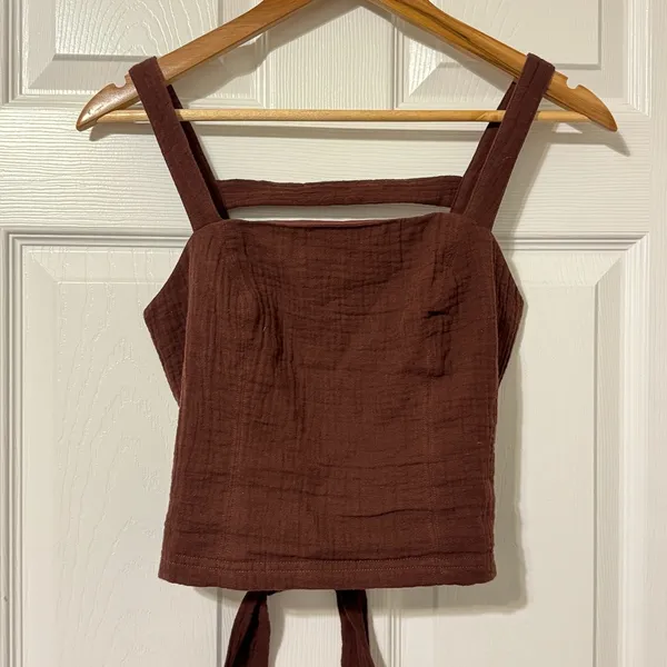 Anthropologie Smocked Tank Top Size XS Brown Cocoa Cotton Tie Back Lined Stretch - Image 3