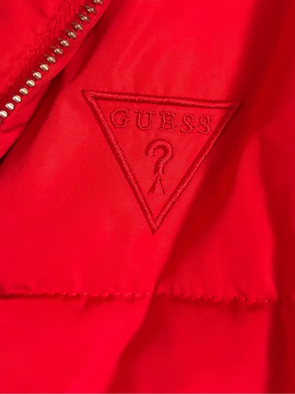 Guess Puffer Jacket Y2K Red Cropped Streetwear Quilted Zip Up Size Small - Image 5