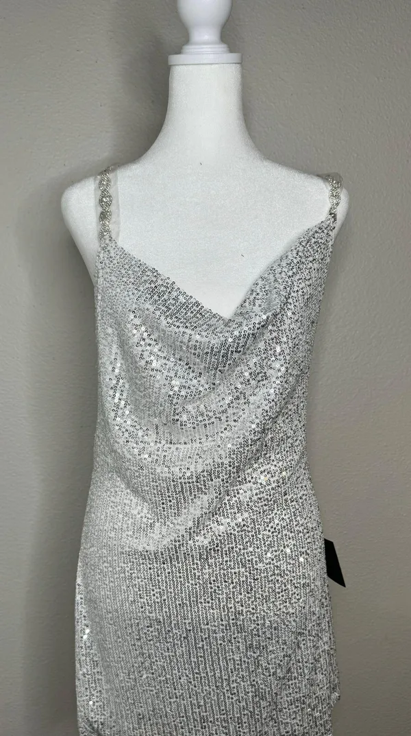 Silver Sequin Cowl Neck Mini Dress Sz M - Image 11