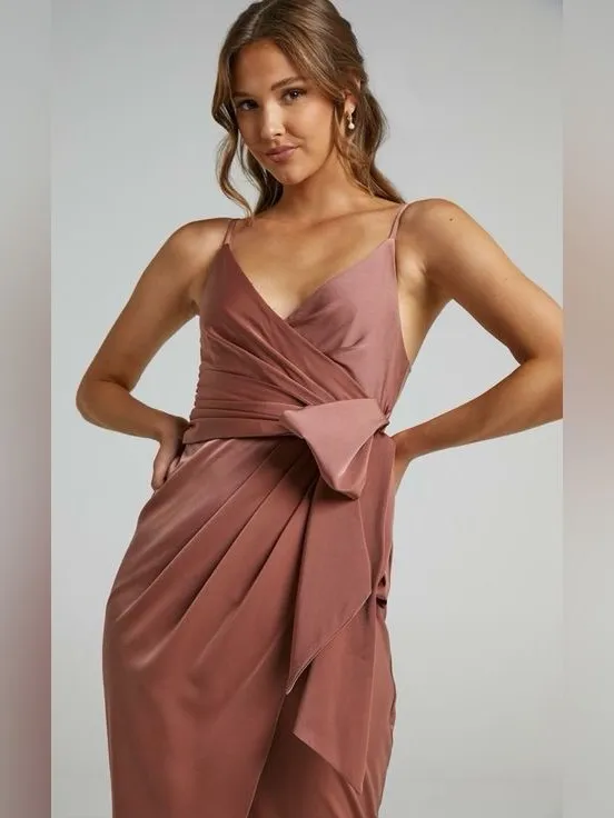 Showpo. How Will I Know Wrap Waist Tulip Hem Midi Dress Dusty Rose US 6 NWT - Image 2