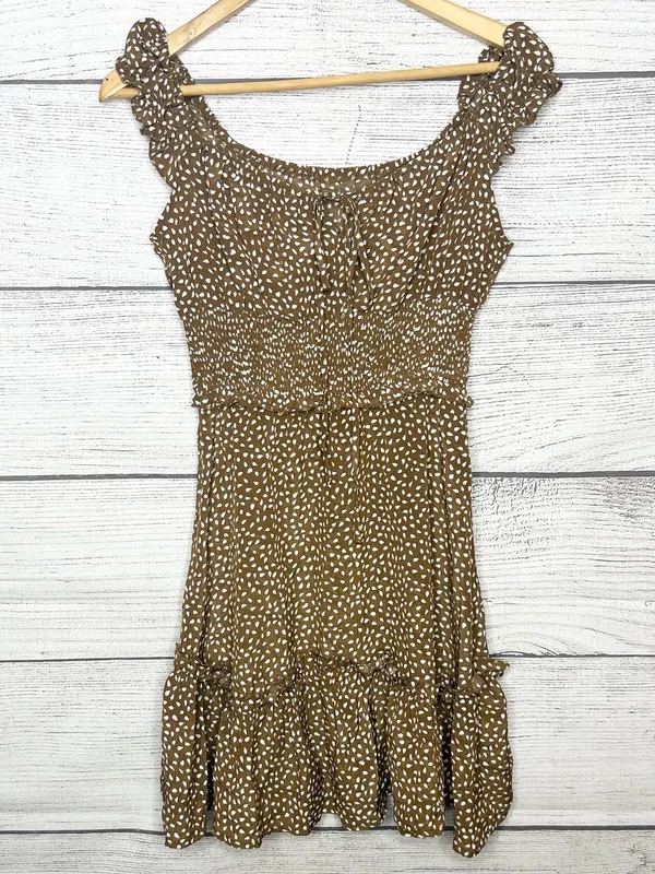 Brown & White Polka Dot Smocked Sleeveless Mini Dress with Ruffle Hem Size Small - Image 9