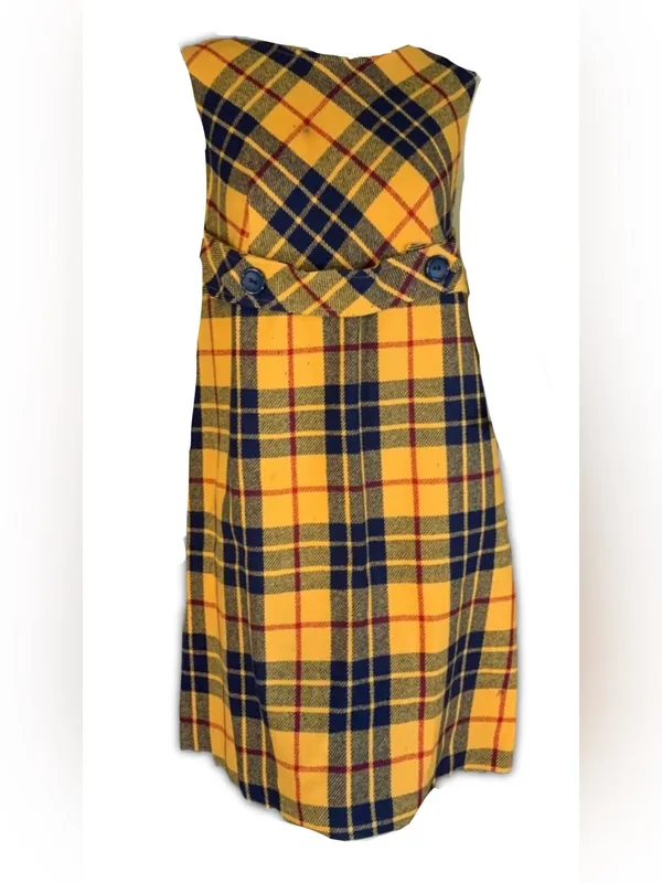 Vintage 1960'S M.H. Fine Co Yellow & Blue Plaid Wool Blend Shift Dress (12) - Image 3