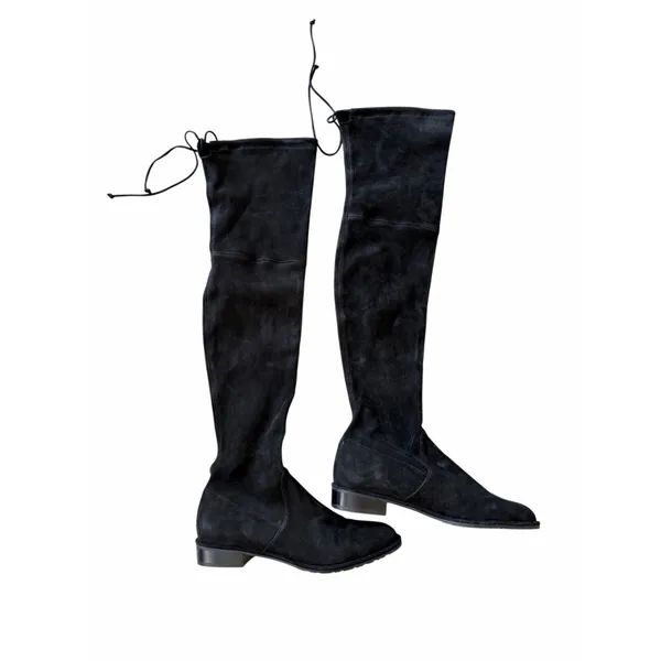 Stuart Weitzman Suede Over The Knee Boots Black Almond Toe Size 6.5 Pull On Styl - Image 3