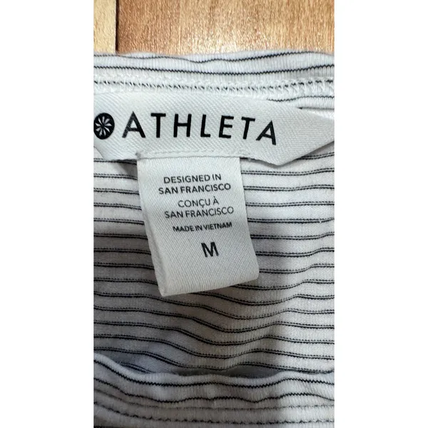 Athleta Womens Medium White Grey Micro Stripe Short‎ Sleeve Boxy Crew Neck Tee - Image 2