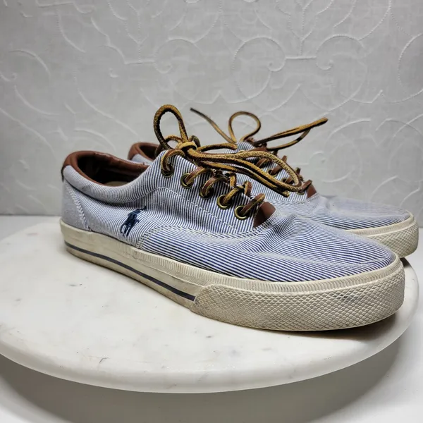 Polo Ralph Lauren Vaughn Boat Shoes Mens 9.5 Blue White Pinstriped Deck Sneakers - Image 4