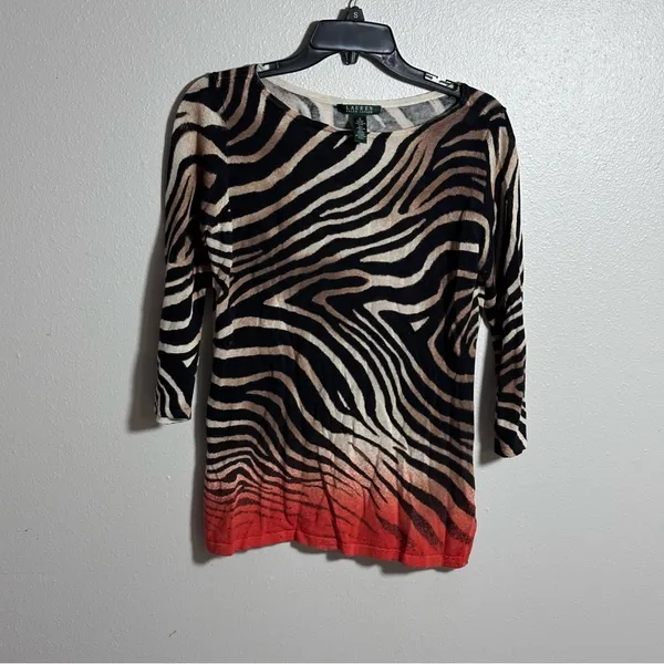 Lauren Ralph Lauren Women Zebra Striped 3/4 Sleeve‎ Top Sweater size Small. - Image 2