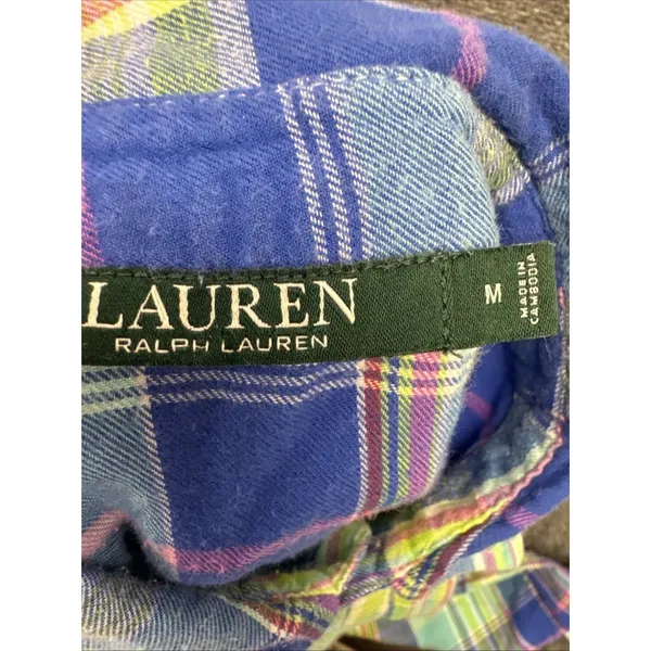 Lauren Ralph Lauren Madras Plaid Shirt Womens M Blue Green Pink RL Monogram - Image 8
