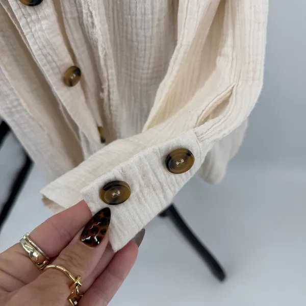 Free People All About The Feels M Gauze Cotton Button Up Top Ivory Boho Peasant‎ - Image 5