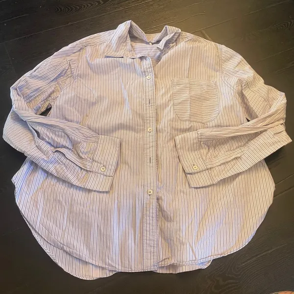 Free People Blue White Tie It In A Bow Oversized Cotton Button Down Shirt L - Image 3