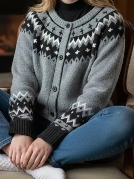 Willow & Wind Grey Button-Front Cropped Cardigan Nordic Fair Isle Winter size S - Image 3