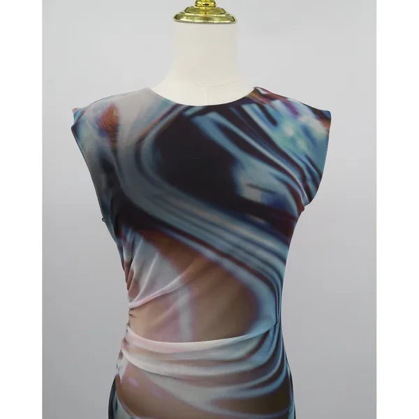 Zara Mesh Abstract Swirl Print‎ Ruched Midi Dress Blue Purple Brown Medium - Image 2