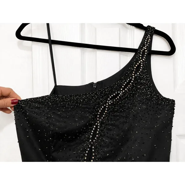 Jovani Asymmetric One Shoulder Black Satin Beaded Prom Evening Gown Slit - Image 3