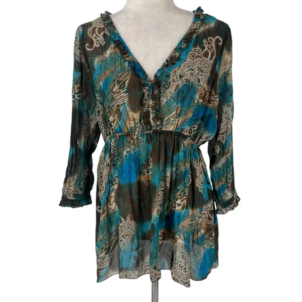 Notations Chiffon Y2K Babydoll Tunic Womens Top Sz L Y2K Boho Ruffle Festival - Image 2