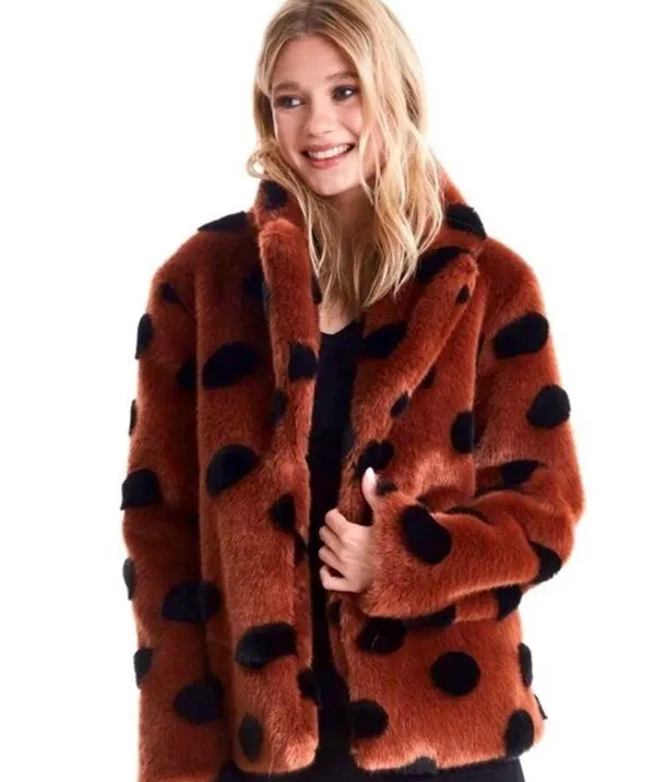 ICHI GINGERBREAD BROWN Faux Fur Coat With Abstract Accents Sz 40 Large NWT - Image 12