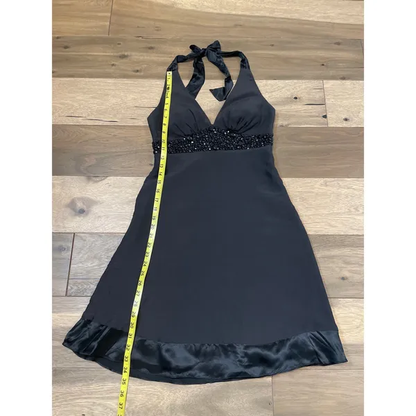 White House Black Market Dress Size 4 Black Silk Embellished Halter A‑Line Y2K - Image 5