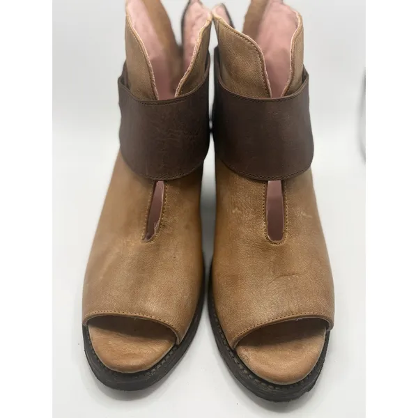 Miss Macie Tan Leather Open Toe Ankle Booties Brown Strap Block Heel 3" Boots 8M - Image 3