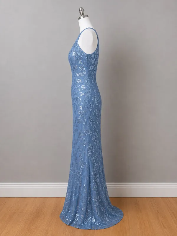 Boutique #3-8 Dusty Blue Sequin High Halter Neckline Sleeveless Column Gown. - Image 4
