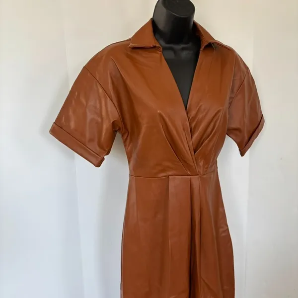Zara Faux Leather Faux Wrap Dress Camel Sz‎ XS Chic Sophisticated Nouveau Riche - Image 3