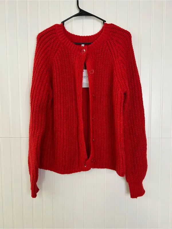 Amazon Red Chunky Knit Button-Front Women's Cardigan Size Large - Image 2