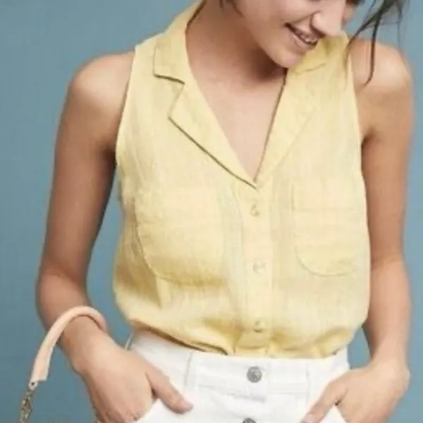 Maeve Anthropologie Butter Yellow Linen Sleeveless Button Up Top Chest Pockets 0 - Image 9