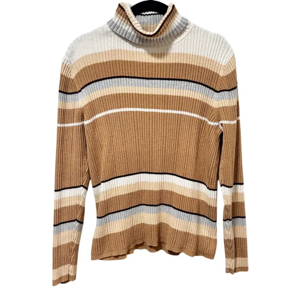 Liz Claiborne Vintage LizSport Ribbed Cotton Turtleneck Sweater L Neutral Stripe - Image 2