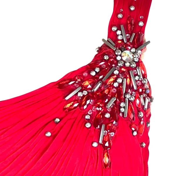 VTG Flowy Red Chiffon One Shoulder Rhinestone Prom Evening Gown XS Train - Image 4