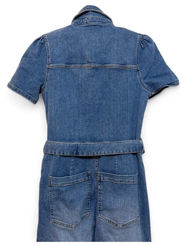 Avec Les Filles Women’s Blue Denim Short-Sleeve Tie-Waist Jumpsuit Size 30 - Image 12