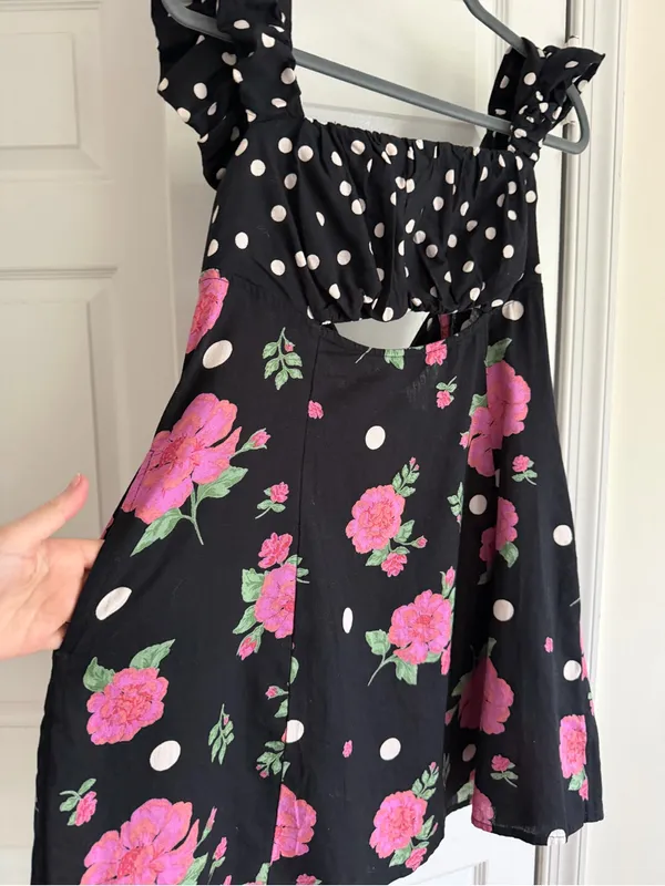 Free People Mixed Print Bom Bom Floral Cutout Mini Dress Black L - Image 11