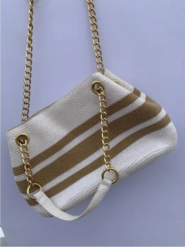 Straw Beach Tote Bag Woven Raffia White Tan Gold Chain Coastal Resort Purse - Image 3