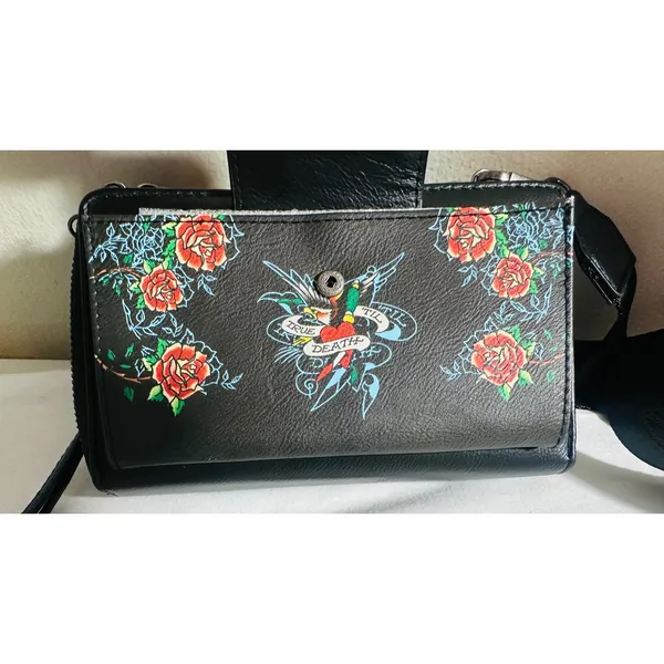 Ed Hardy NWT Y2K Tattoo Rose Crossbody Wallet Purse Wristlet Convertible 3-In-1 - Image 7