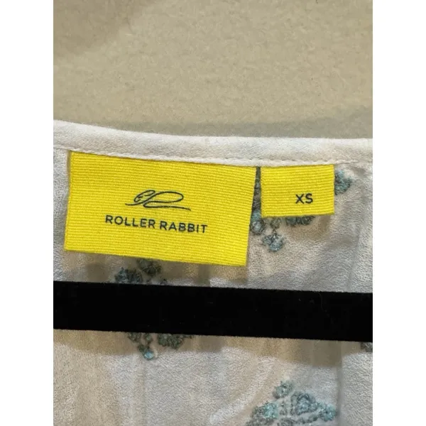 Roller Rabbit Embroidered Floral Peasant Blouse‎ Top V Neck Size XS White Teal - Image 5