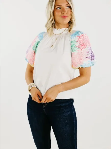 THML White Ruffle Neck Blouse Floral Multicolor Embroidered Puff Sleeves Small - Image 2