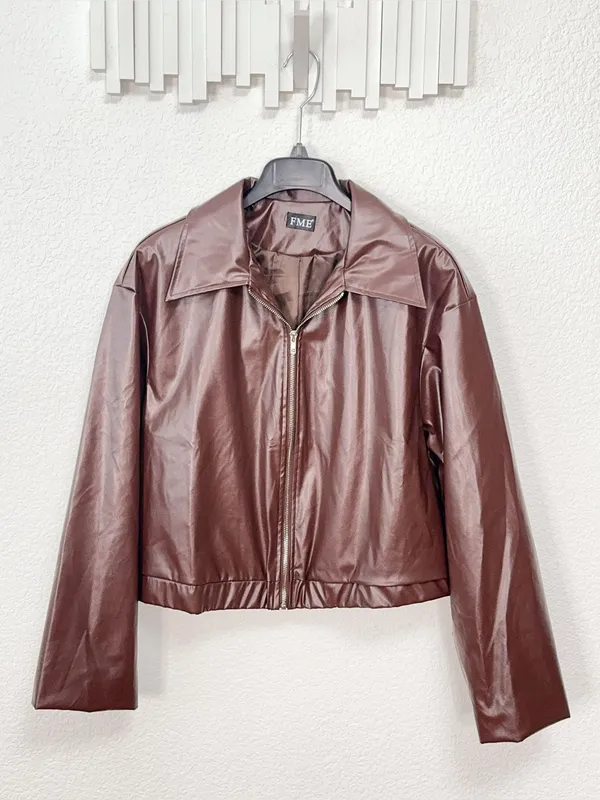 Amazon Brown Faux Leather Collared Zip Front Cropped Bomber Jacket - Image 2