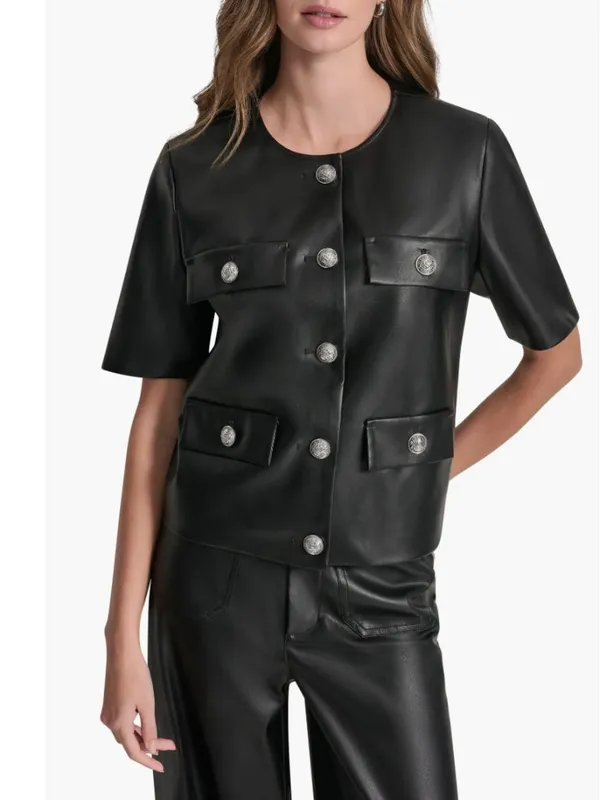 NWT DKNY Jeans Short Sleeve Faux Leather Jacket Small, BLACK/ SHINY SILVER - Image 3