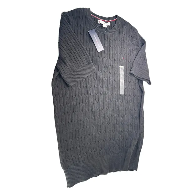 NWT Tommy Hilfiger short-sleeve cable knit sweater crew neck top black women's - Image 2