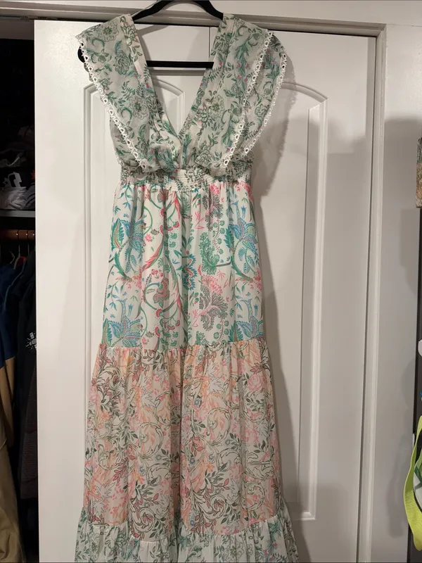 House of Harlow‎ 1960 Pastel Floral Tiered Maxi Dress - Mint & Blush - Image 2