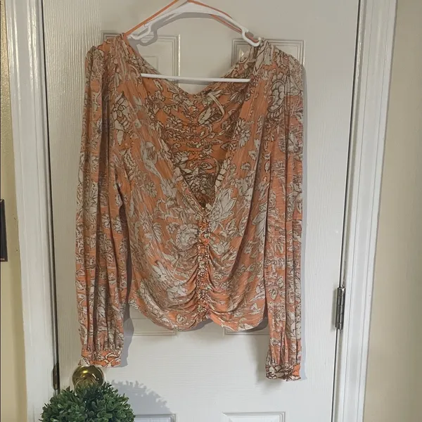 Free People Orange Floral Say The Word Ruched Blouse - Image 2