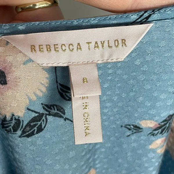 Rebecca Taylor Daniella Floral Blouse Dot Pattern Blue V-Neck Top Tie Cuff Women - Image 10