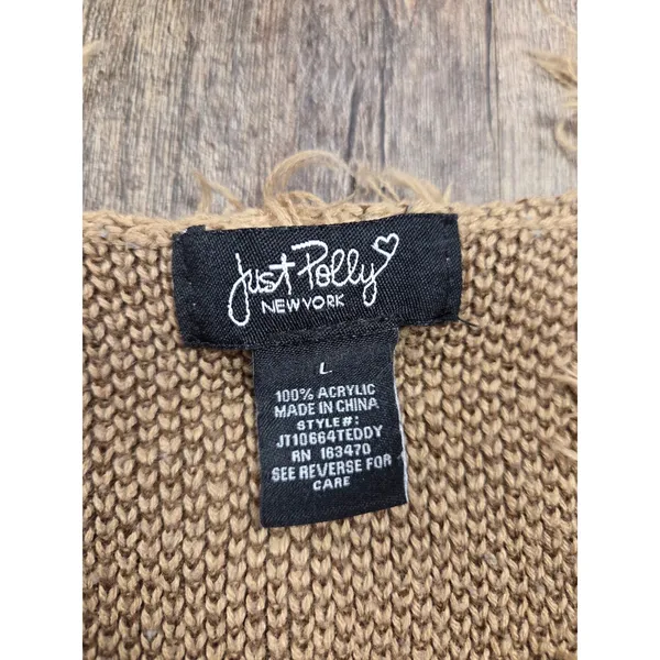 Just Polly Beige Brown Fringed Teddy Bear Cropped Pullover Sweater Women's Large - Image 3
