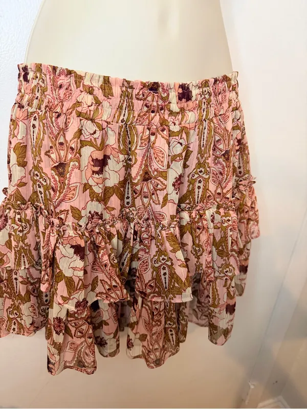 MISA Los Angeles Anthropologie MISA Nahla Mini Skirt Size M Pink Floral Ruffle Tiered Stretchy - Image 3